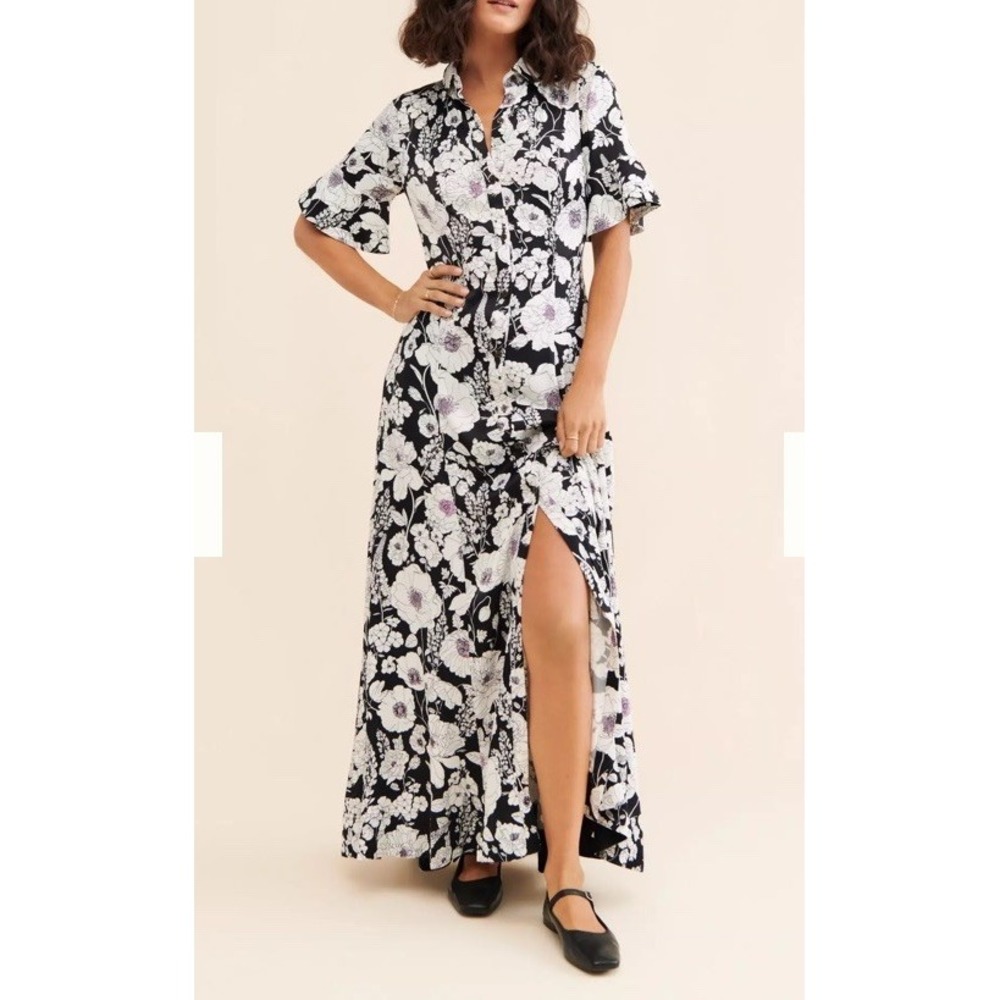 Anthropologie Maeve Printed Short-Sleeve Maxi Shirt Dress Sz S Black White